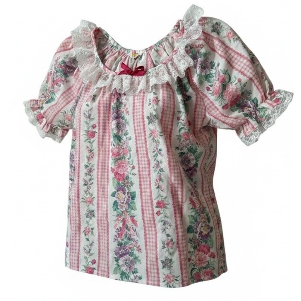 Mondiki Blouse Women S Pink Excellent Floral Gingham Lace Trim Cottagecore Top